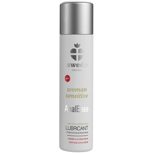 Lubrifiant anal Swede Woman Sensitive AnalEase base eau, flacon blanc vue de face, enrichi aloe vera et camomille pour peaux sensibles, sans glycerine.