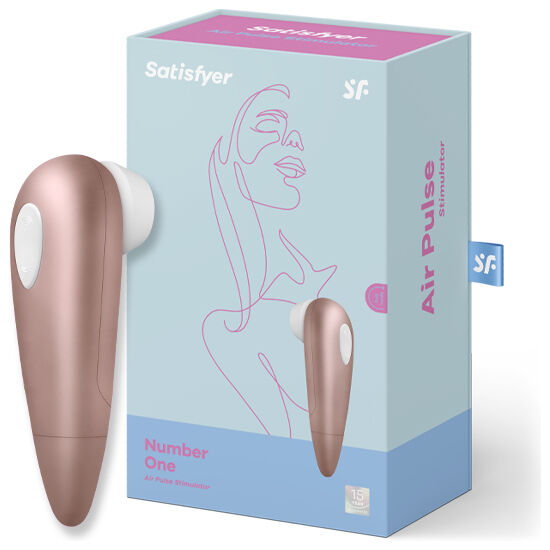 Stimulateur clitoridien dore Satisfyer Number One a cote de sa boite bleue Air Pulse, illustration au trait d'un visage, technologie d'aspiration sans contact direct.