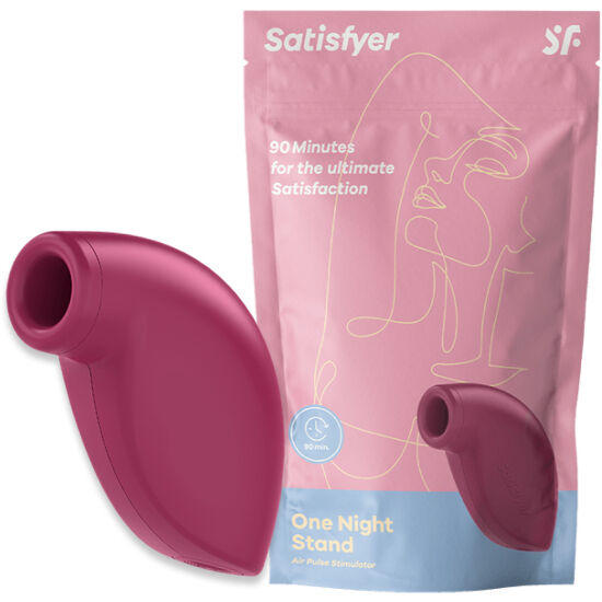 Satisfyer One Night Stand rose présenté avec sa pochette, stimulateur à ondes de pression pour une découverte limitée à 90 minutes d’utilisation totale.