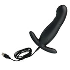 Plug de prostate Mr Play en silicone noir vu de dessus avec son cable de charge USB, base ergonomique a deux branches et tige vibrante rechargeable pour le confort anal.