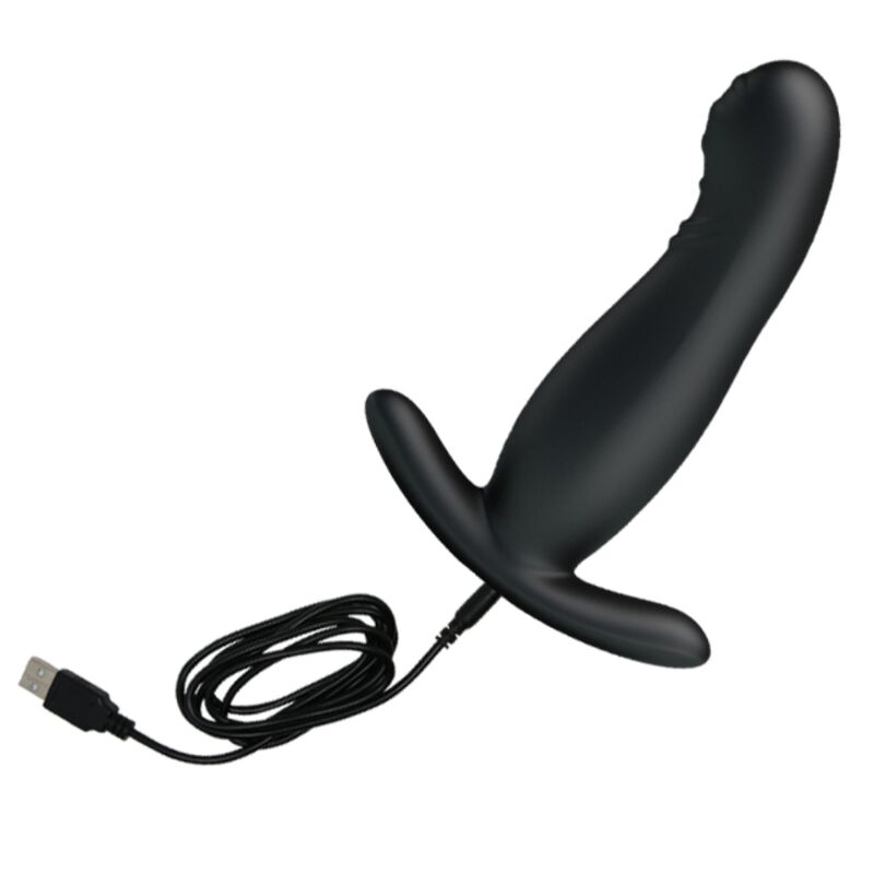 Plug de prostate Mr Play en silicone noir vu de dessus avec son cable de charge USB, base ergonomique a deux branches et tige vibrante rechargeable pour le confort anal.