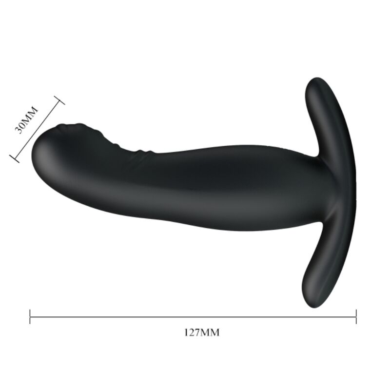 Masseur de prostate Mr Play vu de profil avec cotes 127 mm et 30 mm : tige galbee a embout texture et base large, silicone noir vibrant rechargeable pour cibler la prostate.