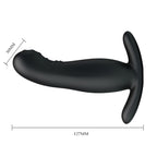 Masseur de prostate Mr Play vu de profil avec cotes 127 mm et 30 mm : tige galbee a embout texture et base large, silicone noir vibrant rechargeable pour cibler la prostate.
