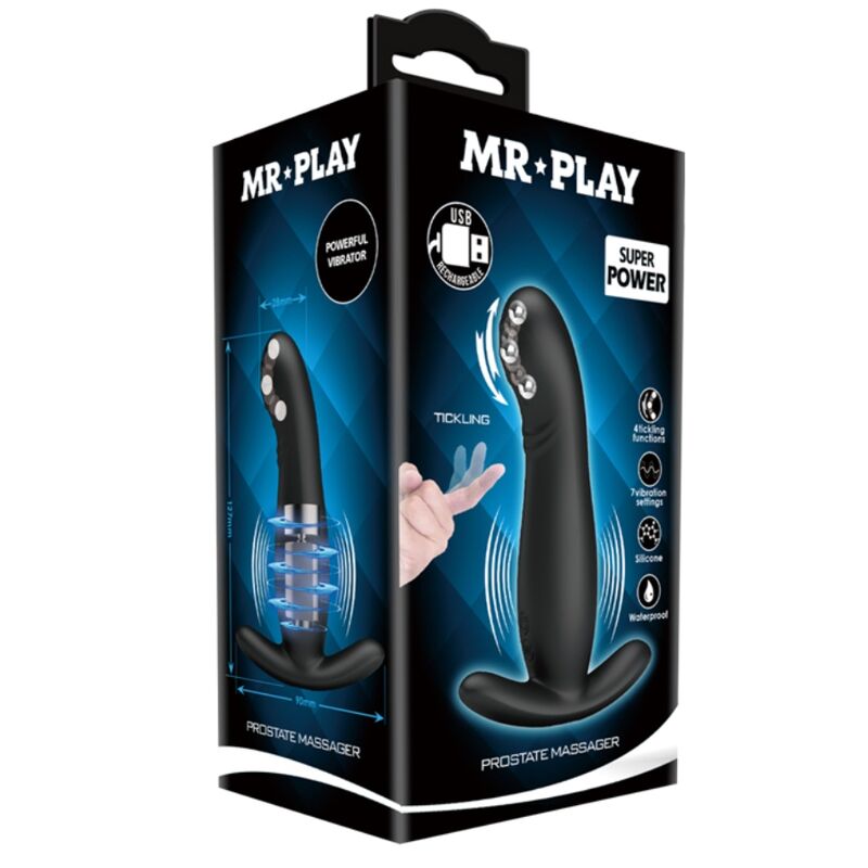 Boite Mr Play Super Power du masseur de prostate, packaging noir et bleu illustrant le jouet galbe vibrant rechargeable et ses pictogrammes powerful vibrator et tickling.