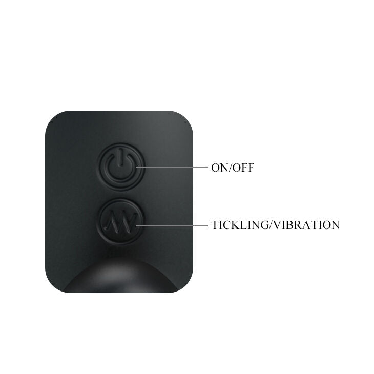 Telecommande noire du masseur de prostate Mr Play avec boutons ON/OFF et TICKLING/VIBRATION etiquetes, pilotage simple a distance des modes de vibration du jouet anal.