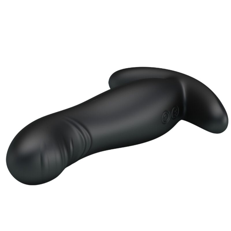Masseur de prostate Mr Play en silicone noir vu en perspective : corps galbe a relief nervure et base courbee de maintien, jouet vibrant rechargeable pour stimulation prostatique.