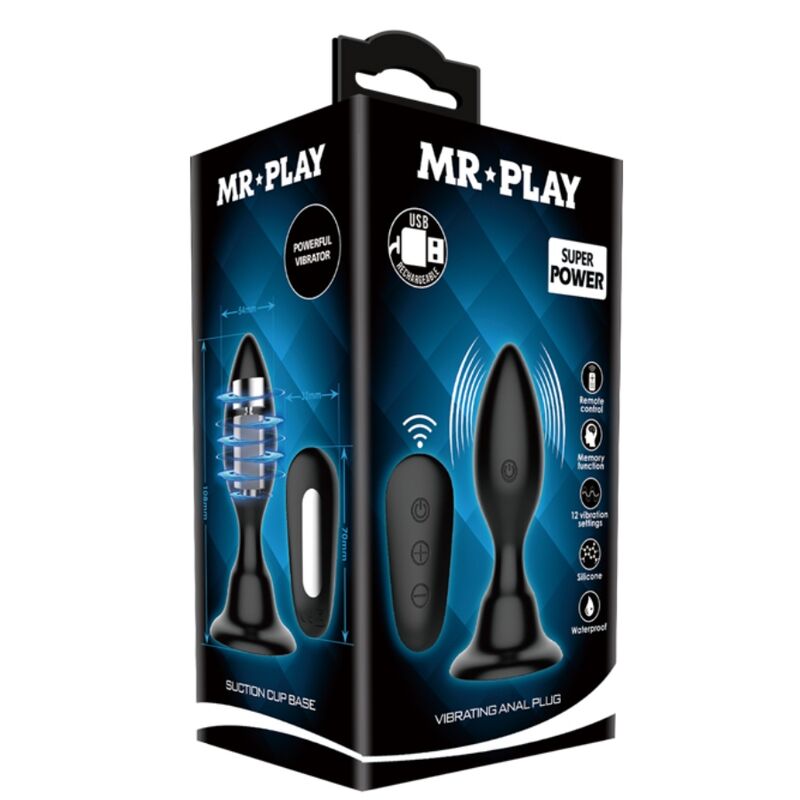 Boite Mr Play Super Power du plug anal vibrant en silicone, packaging noir et bleu illustrant le plug a ventouse, la telecommande et les pictogrammes 12 modes etanche USB.