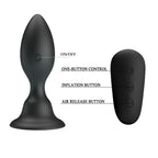 Schema du plug anal Mr Play et de sa telecommande avec legendes ON/OFF, controle un bouton, gonflage et purge d'air : silicone noir 12 modes etanche rechargeable.