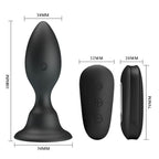 Schema cote du plug anal Mr Play : corps de 108 mm sur base 54 mm, embout 34 mm, et telecommande 70 sur 32 mm, silicone noir vibrant 12 modes etanche a col etroit.