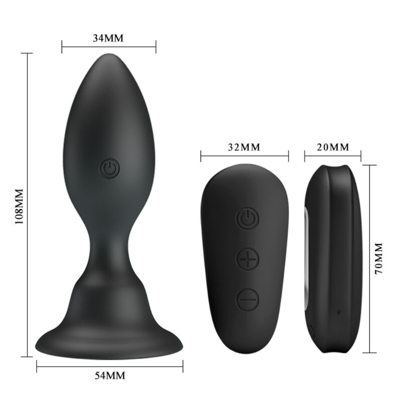 Schema cote du plug anal Mr Play : corps de 108 mm sur base 54 mm, embout 34 mm, et telecommande 70 sur 32 mm, silicone noir vibrant 12 modes etanche a col etroit.