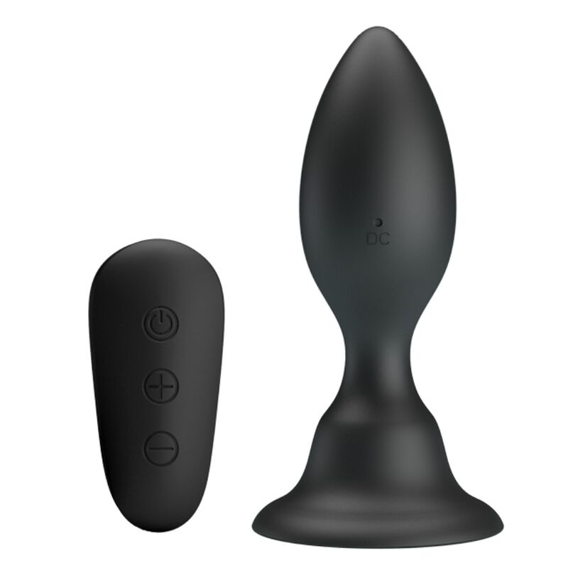Plug anal vibrant Mr Play en silicone noir avec sa telecommande sans fil : corps en ogive a col etroit et base ventouse, 12 modes etanches pilotables a distance.