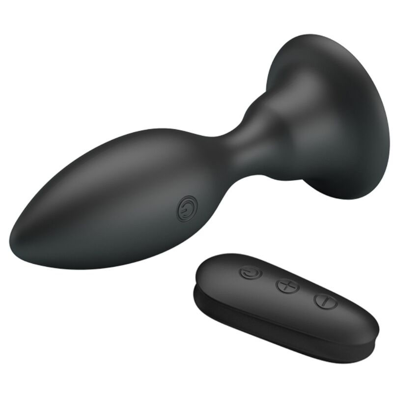 Plug anal Mr Play en silicone noir couche pres de sa telecommande ovale a trois boutons, forme conique a col resserre, 12 modes de vibration etanches rechargeables USB.