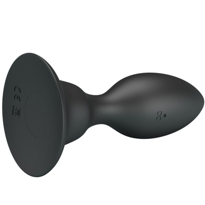 Plug anal vibrant Mr Play en silicone noir vu de dos sur sa base ventouse marquee CE, forme conique a col resserre, 12 modes de vibration etanches et rechargeables USB.
