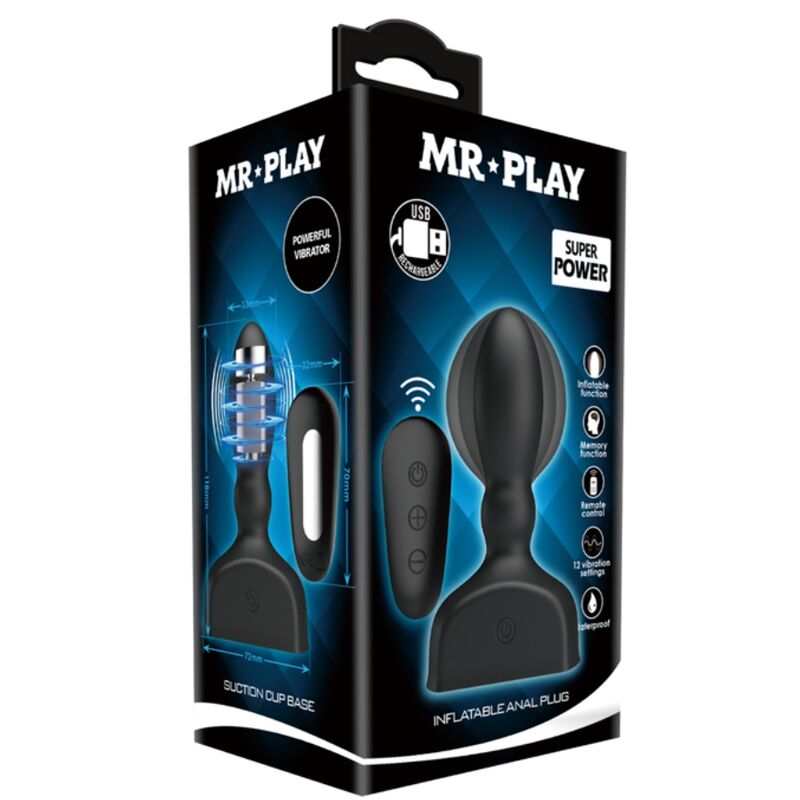 Boite Mr Play Super Power du plug anal gonflable, packaging noir et bleu illustrant le plug a base ventouse, la telecommande et les pictogrammes inflatable rechargeable.