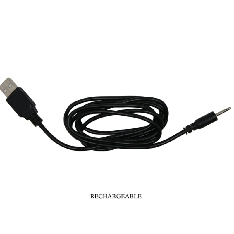Cable de charge USB enroule du plug anal Mr Play, mention rechargeable : accessoire d'alimentation pour recharger le jouet vibrant en silicone sans pile.