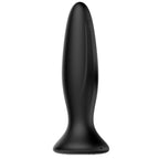 Plug anal Mr Play en silicone noir vu de trois quarts, corps allonge a pointe effilee et base ventouse stable, vibration rechargeable etanche compatible douche.