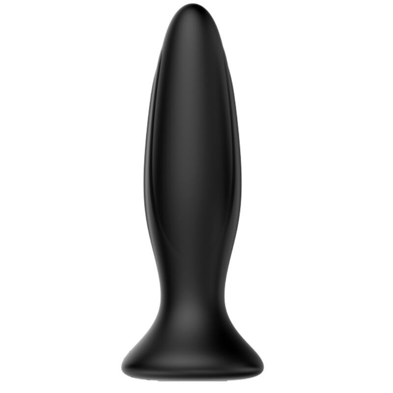 Plug anal vibrant Mr Play en silicone noir vu de face : forme fuselee a pointe fine et large base ventouse, jouet rechargeable etanche ideal pour debuter le jeu anal.