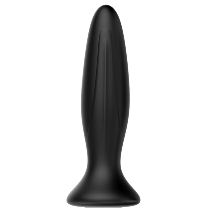 Plug anal Mr Play en silicone noir vu de profil, ligne fuselee a col resserre et base ventouse, jouet vibrant rechargeable etanche pour une insertion progressive.
