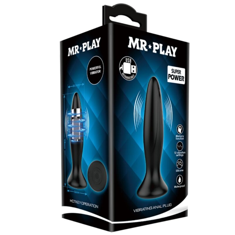 Boite Mr Play Super Power du plug anal vibrant en silicone, packaging noir et bleu illustrant le plug fusele a ventouse et les pictogrammes vibration puissante rechargeable.