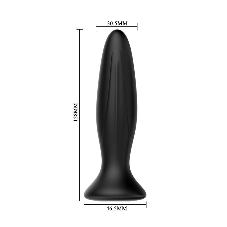 Schema cote du plug anal Mr Play : hauteur 128 mm, diametre 30,5 mm et base 46,5 mm, silicone noir fusele a pointe fine, vibrant rechargeable et etanche pour le jeu anal.