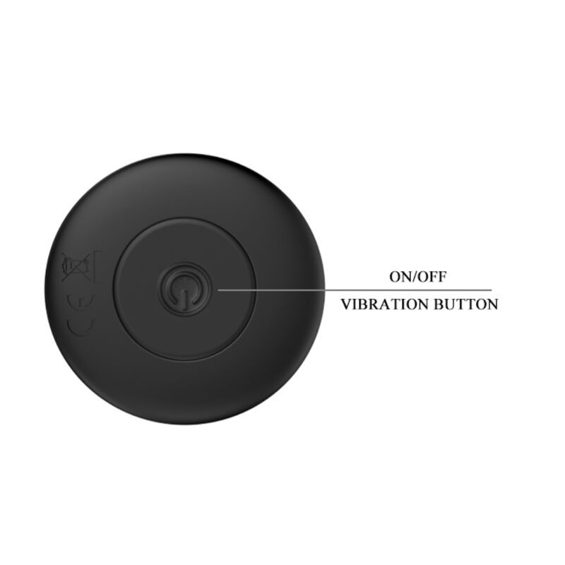 Telecommande ronde noire du plug anal Mr Play avec bouton central ON/OFF et legende vibration, pilotage sans fil des modes de vibration du jouet en silicone rechargeable.