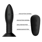 Schema du plug anal Mr Play a billes rotatives et de sa telecommande avec legendes controle un bouton, gonflage et purge d'air, silicone noir texture vibrant rechargeable.