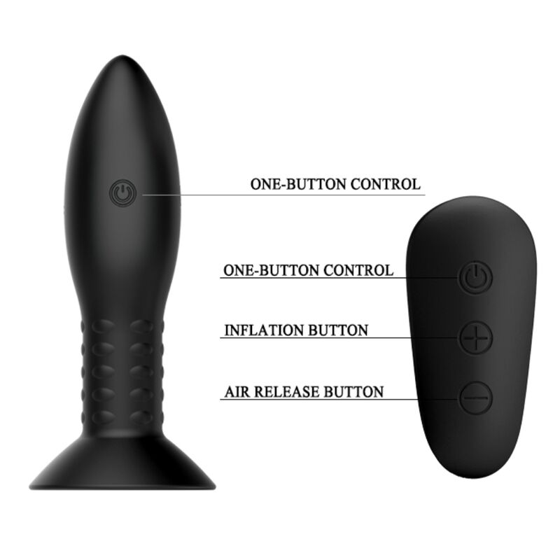 Schema du plug anal Mr Play a billes rotatives et de sa telecommande avec legendes controle un bouton, gonflage et purge d'air, silicone noir texture vibrant rechargeable.