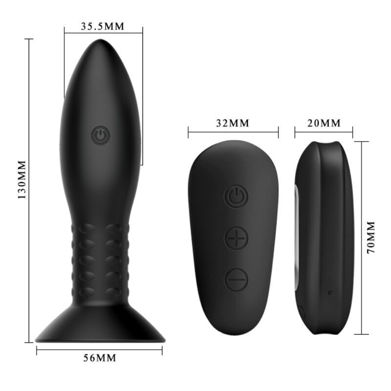 Schema cote du plug a billes Mr Play : corps de 130 mm sur base 56 mm, embout 35,5 mm et telecommande 70 sur 32 mm, silicone noir texture, rotation et vibration etanches.