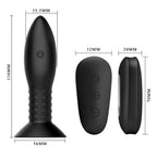 Schema cote du plug a billes Mr Play : corps de 130 mm sur base 56 mm, embout 35,5 mm et telecommande 70 sur 32 mm, silicone noir texture, rotation et vibration etanches.
