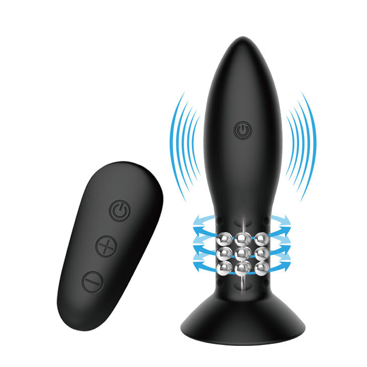 Plug anal Mr Play en silicone noir aux ondes de vibration stylisees, billes rotatives internes visibles et telecommande sans fil, rotation et vibration rechargeables etanches.