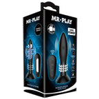 Boite Mr Play Super Power du plug anal a billes rotatives, packaging noir et bleu illustrant le plug texture, la telecommande et les pictogrammes rotation vibration USB.