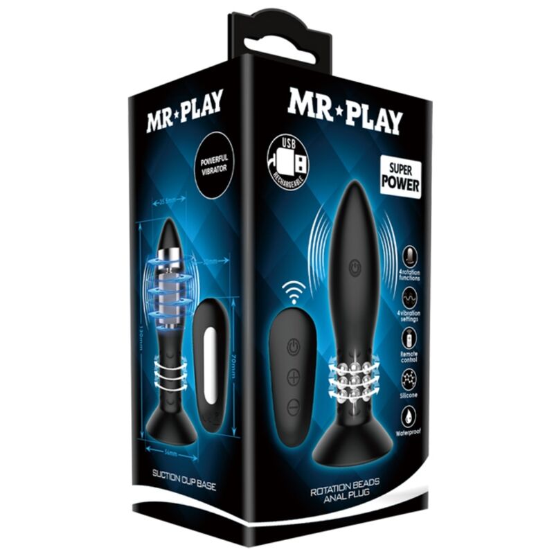 Boite Mr Play Super Power du plug anal a billes rotatives, packaging noir et bleu illustrant le plug texture, la telecommande et les pictogrammes rotation vibration USB.