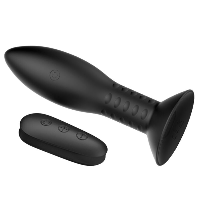 Plug anal Mr Play en silicone noir couche, tige nervuree a base ventouse pres de sa telecommande, billes rotatives et 12 modes de vibration etanches rechargeables USB.