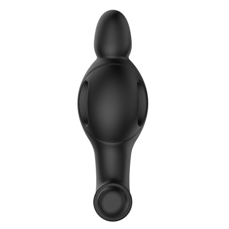 Plug anal Mr Play en silicone noir vu de profil, corps ajoure a anneaux et bullet vibrant integre en base, 10 modes de vibration sur pile AAA pour une stimulation anale douce.