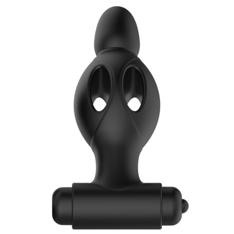 Plug anal Mr Play en silicone noir vu de face, double ouverture ajouree et bullet vibrant en base, 10 modes progressifs sur pile AAA pour le jeu anal des debutants.