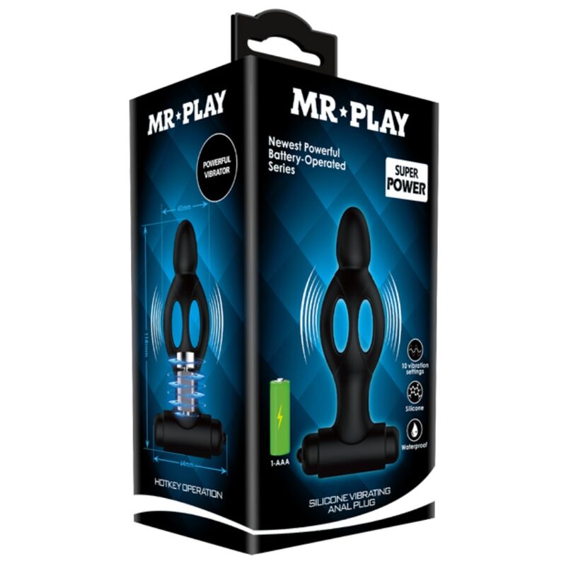 Boite Mr Play Super Power du plug anal ajoure, packaging noir et bleu illustrant le plug a anneaux et bullet, pile AAA et pictogrammes powerful vibrator silicone.