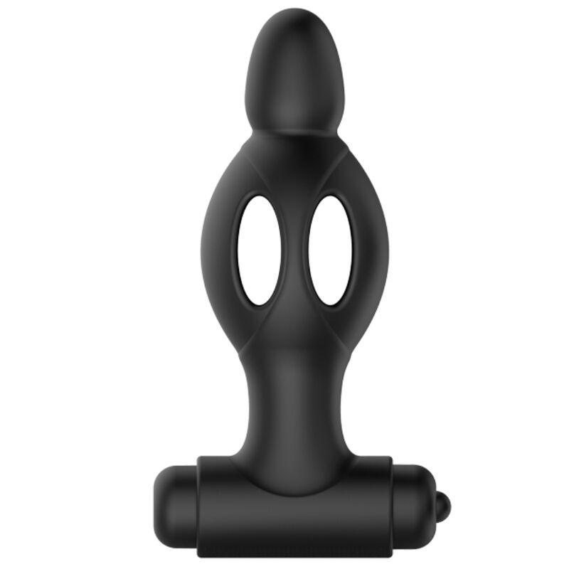 Plug anal vibrant Mr Play en silicone noir a corps ajoure double anneau et bullet vibrant en base, 10 modes sur pile AAA pour debuter le jeu anal avec un jouet stable.