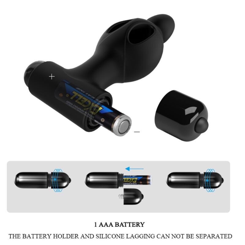 Plug ajoure Mr Play en silicone noir avec bullet vibrant ouvert montrant l'insertion de la pile AAA et le schema de montage, 10 modes de vibration pour le jeu anal debutant.