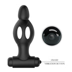 Plug anal Mr Play en silicone noir a corps ajoure et bullet vibrant detache, legendes ON/OFF et bouton vibration, 10 modes sur pile AAA pour la stimulation anale stable.