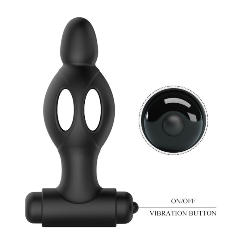 Plug anal Mr Play en silicone noir a corps ajoure et bullet vibrant detache, legendes ON/OFF et bouton vibration, 10 modes sur pile AAA pour la stimulation anale stable.