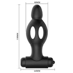 Schema cote du plug ajoure Mr Play : hauteur 118 mm, embout 40 mm et base 64 mm, silicone noir a double anneau et bullet vibrant, 10 modes de vibration sur pile AAA.