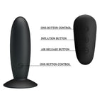 Plug anal Mr Play en silicone noir lisse et telecommande avec legendes controle un bouton, gonflage et purge d'air, base ventouse, 12 modes de vibration etanches rechargeables.
