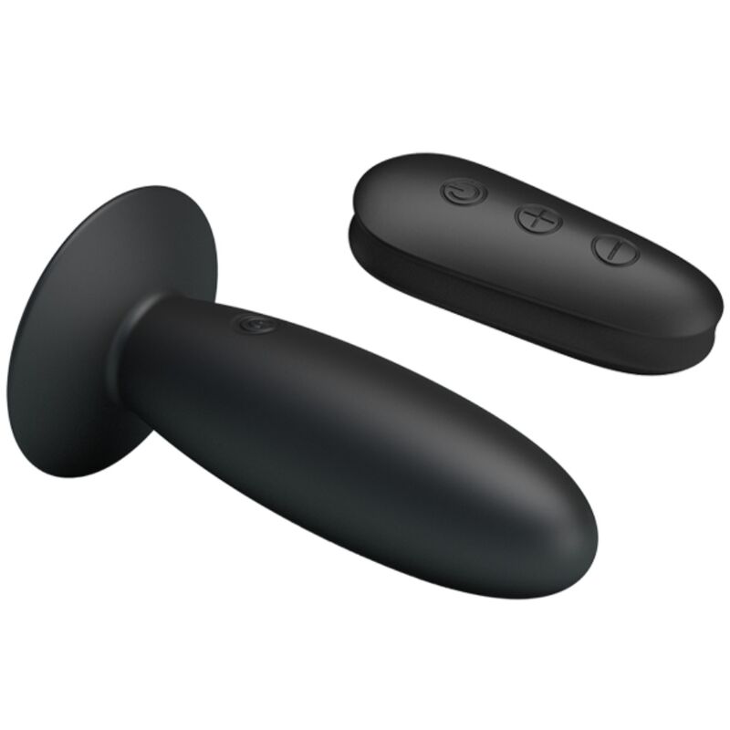 Plug anal Mr Play en silicone noir lisse couche sur sa base ventouse pres de la telecommande, embout arrondi, 12 modes de vibration sans fil etanches rechargeables USB.