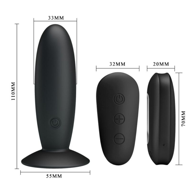 Schema cote du plug anal Mr Play : corps 110 mm sur base 55 mm, embout 33 mm et telecommande 70 sur 32 mm, silicone noir lisse a ventouse, 12 modes de vibration etanches.