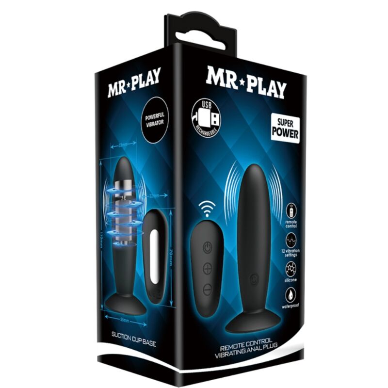 Boite Mr Play Super Power du plug anal a telecommande, packaging noir et bleu illustrant le plug lisse a ventouse et les pictogrammes remote control etanche rechargeable.