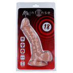 Emballage rouge Mr Intense numero 18 montrant un gode realiste veine avec testicules, pictogrammes flexible et dimensions, version a ventouse de 20 cm en PVC.
