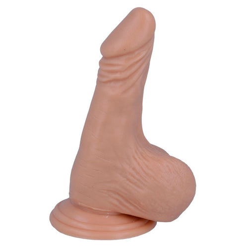 Gode realiste initiation Intense trapu, gland court et testicules charnus sur large ventouse, modele d'initiation a ventouse de 16,5 cm en PVC body-safe.