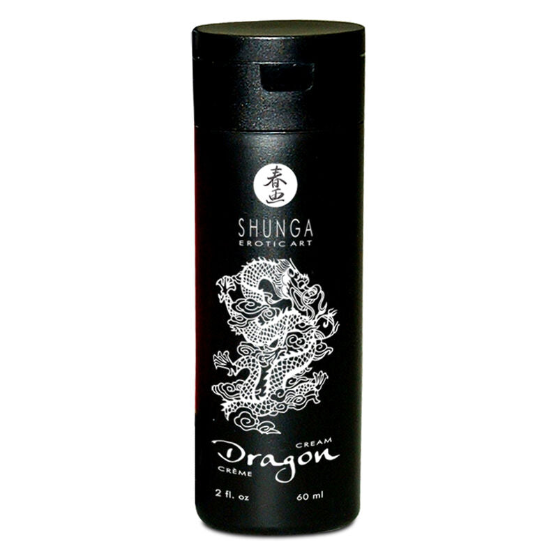 Tube noir Shunga Dragon de face, creme stimulante intensifiante feu glace 60 ml a base de plantes naturelles, longue duree, compatible latex arome fraise menthe