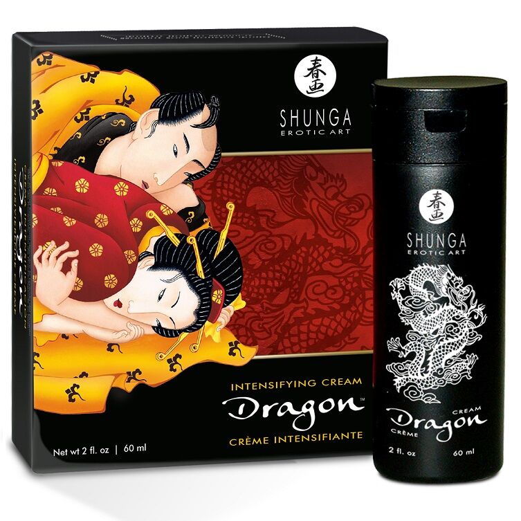 Coffret Shunga Dragon avec tube de creme intensifiante, boite rouge illustree d un couple enlace, creme stimulante feu glace 60 ml a base de plantes compatible latex