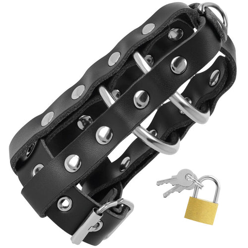 Cage de chasteté cuir végétalien Darkness avec serrure — détail produit